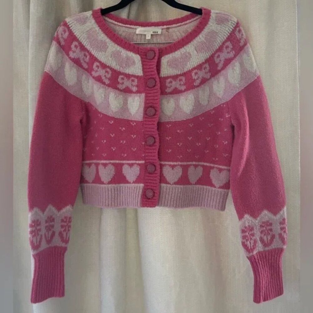 LoveShackFancy Dimples Crop Cardigan Dainty Cute Jacquared Pink Hearts Ribbons M - Picture 9 of 13